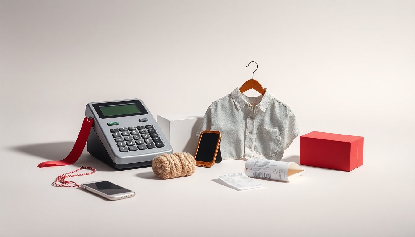 A high-end studio still life photograph featuring a collection of small retail items like a cash register, handmade craft, clothing tag, and receipt, arranged elegantly on a clean, monochromatic background to symbolize the fragility and vulnerability of small enterprises when relying on third-party retail operators.