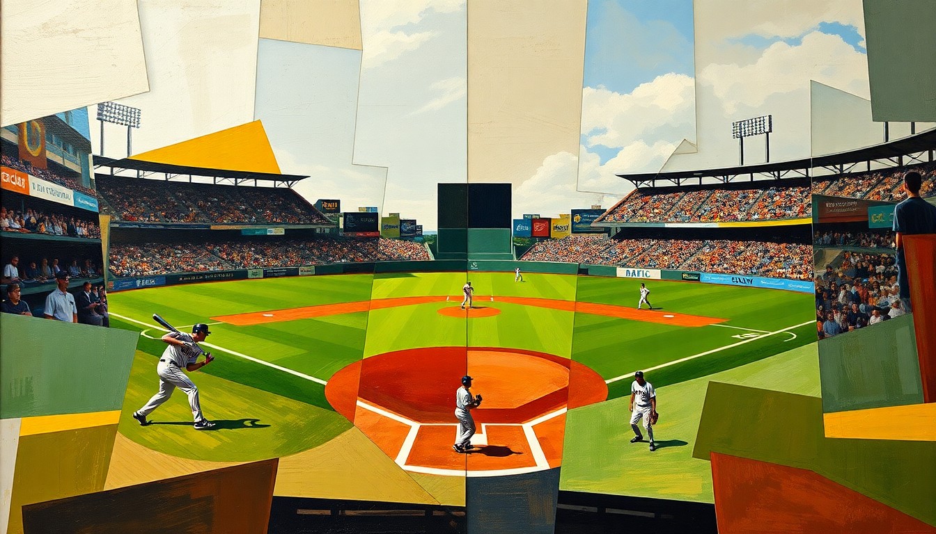 A fractured, geometric painting in the style of Pablo Picasso, with overlapping planes of color and abstracted shapes representing the action of a baseball game, without any identifiable players or logos.