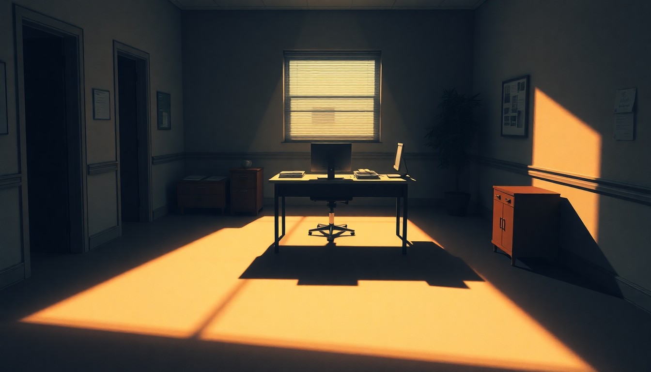 A dimly lit office desk in a municipal building, cluttered with papers and a computer, casting long shadows across the floor, conceptually representing the administrative work of city governance.