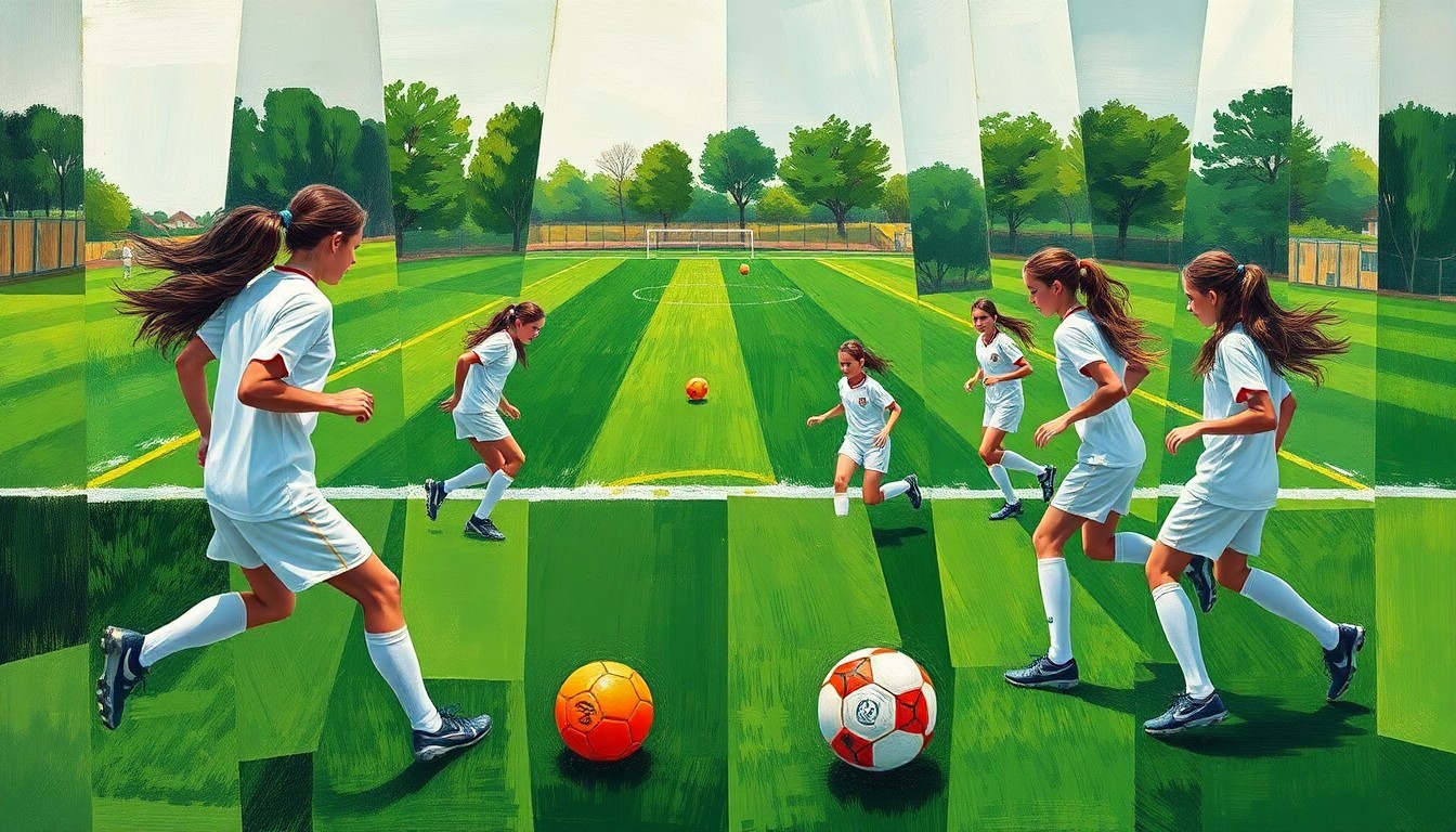 A fragmented, geometric painting depicting the chaotic movements and competing perspectives of a girls high school soccer game, with overlapping planes of green grass, white uniforms, and orange soccer balls.