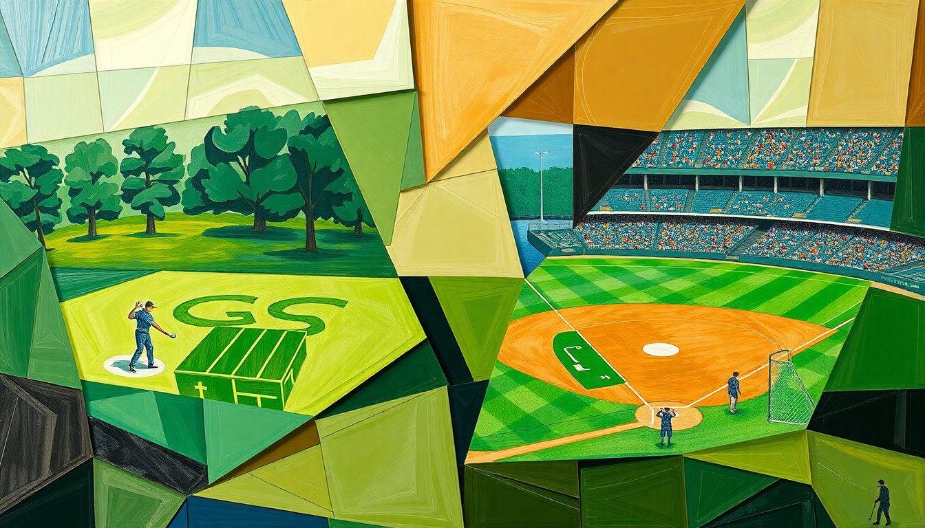A cubist, fractured painting in shades of green, brown, and blue, depicting overlapping geometric shapes and planes that represent the action and movement of a high school girls golf tournament and a college baseball game.