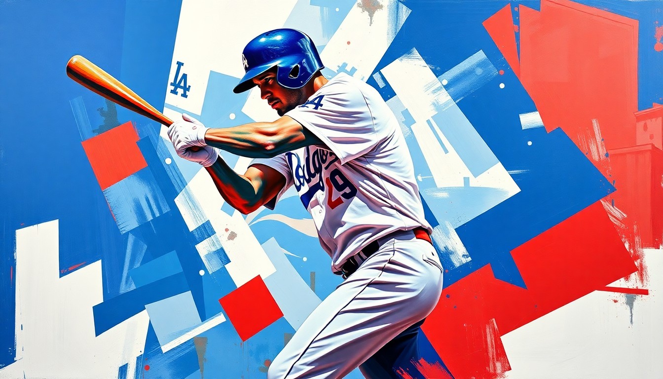 A fragmented, geometric painting depicting the motion of a baseball player's batting swing, with sharp planes of Dodger blue, red, and white colors swirling together to create a dynamic, abstract representation of explosive athletic movement.