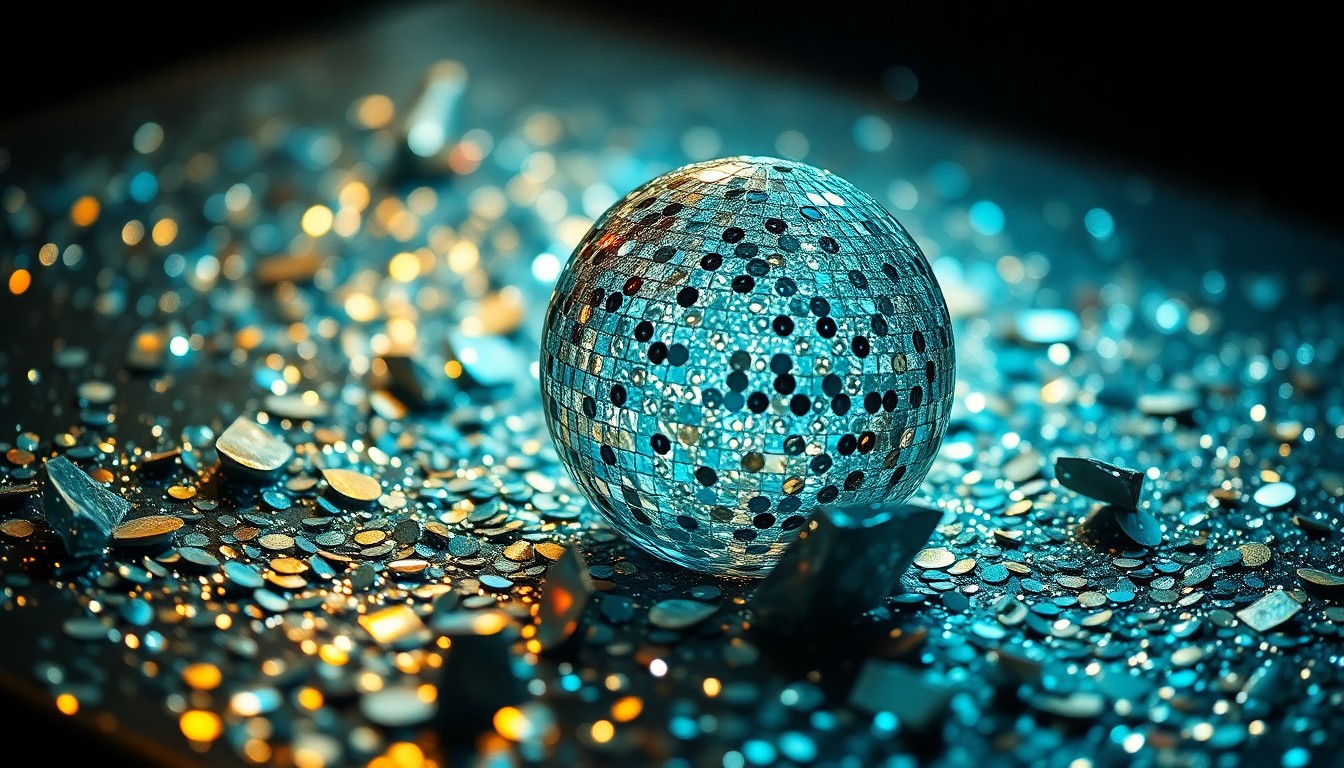 An abstract close-up image of shimmering sequins and shattered glass, capturing the glamour and energy of a music performance.