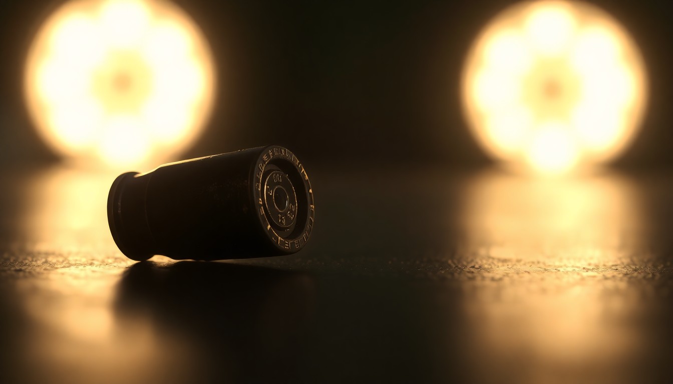 An extreme close-up of a shiny, metallic spent shell casing on a dark, textured surface, conceptually representing the aftermath of a violent crime.