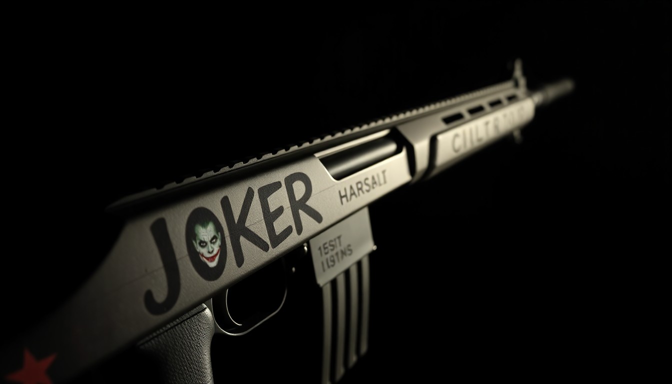 An extreme close-up photograph of a semi-automatic rifle with green and purple paint and phrases like 'Why so serious?' and 'Let's put a smile on that face' written on the barrel, lit by a harsh, direct camera flash against a pitch-black background, creating a stark, gritty, investigative aesthetic.