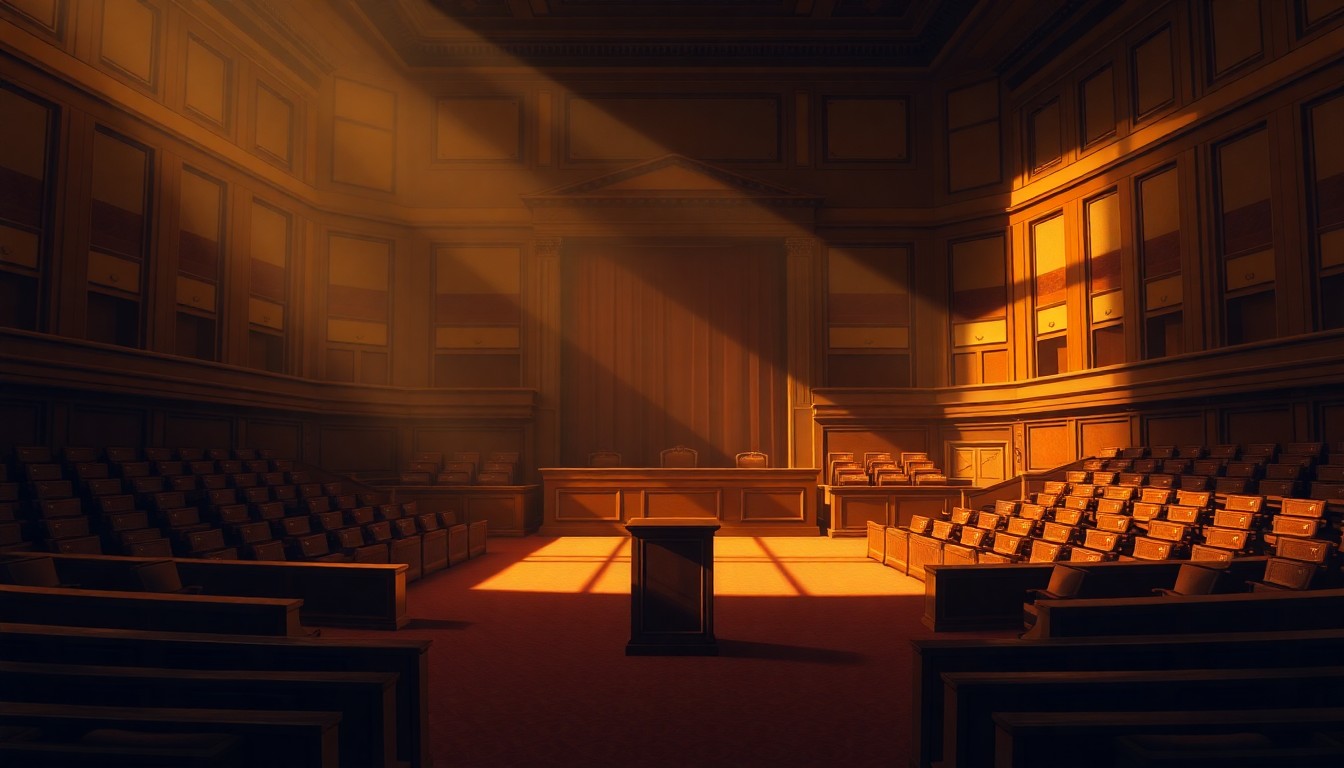A dimly lit, cinematic painting of an empty legislative chamber, with a single podium standing alone on the floor, conveying a sense of quiet contemplation and the end of an era.