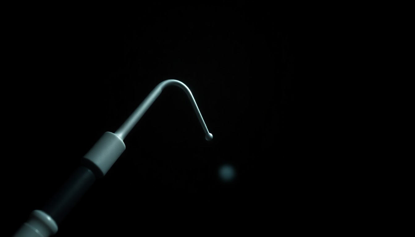 An extreme close-up photograph of a medical tool used in intimate examinations, lit by a harsh, direct camera flash against a pitch-black background, capturing the stark, gritty, and investigative aesthetic of the crime.