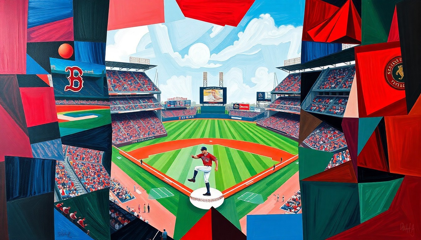 A fragmented, geometric painting in bold colors depicts the dynamic action of a baseball game, with players and the field deconstructed into sharp, overlapping shapes.