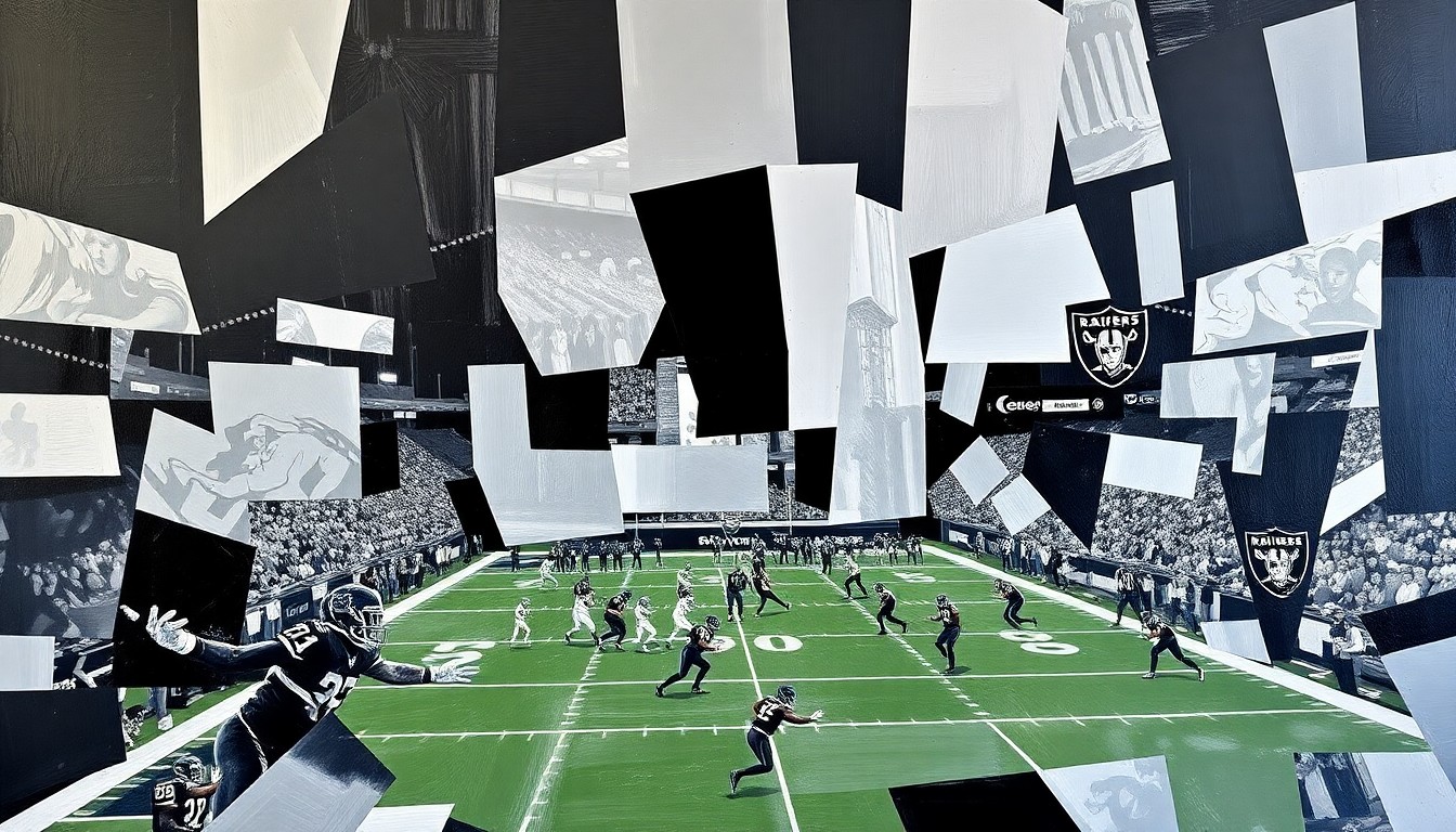 A fractured, cubist-style painting depicting a football game broken down into sharp, overlapping geometric shapes in muted silver and black tones, representing the challenges facing a top draft pick quarterback joining a struggling NFL franchise.