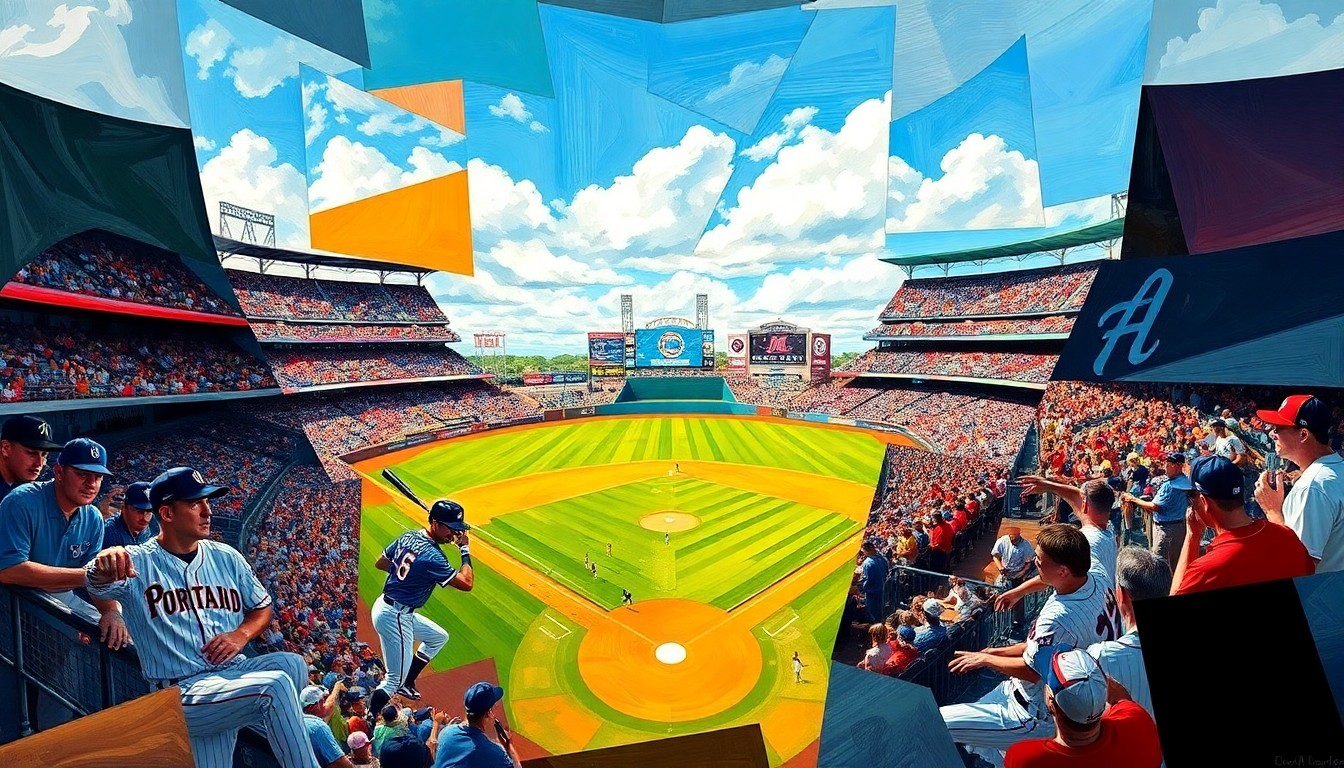 A dynamic, abstract painting featuring sharp geometric shapes and planes of color representing a baseball game between the Portland Sea Dogs and Altoona Curve, conveying the energy and movement of the sport.