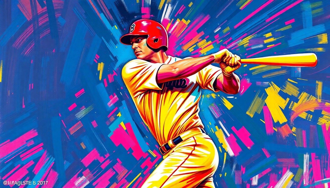 A dynamic, neon-colored painting featuring bold, expressive brushstrokes that convey the raw power and motion of a baseball player swinging a bat, conceptually representing the intensity and drama of a manager's injury on the field.
