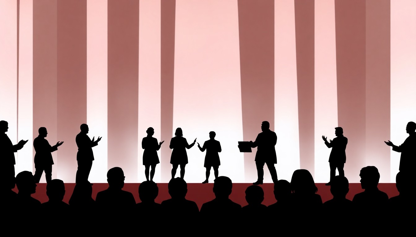 An abstract, minimalist illustration featuring bold, jagged black silhouettes of choral singers against a bright red background, conceptually representing the powerful performance of a choral work.