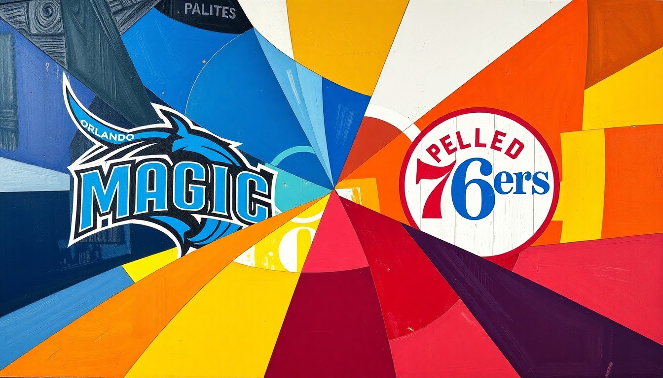 A fragmented, geometric painting in the style of Pablo Picasso, depicting the action and energy of a basketball game between two teams, with their colors and shapes abstractly represented across the canvas.