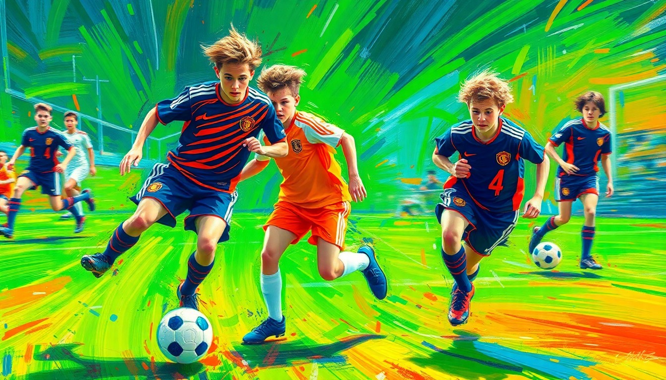 An abstract expressionist painting in vibrant neon colors depicting the dynamic movements and energy of a high school soccer match, with players' forms dissolving into a blur of rapid brushstrokes.