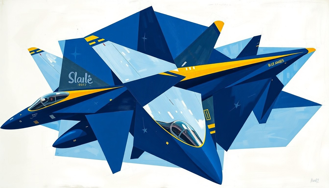 A cubist, geometric painting depicting the Blue Angels' aircraft in a fractured, multi-angled composition, capturing the dynamic energy and precision of their aerial maneuvers.