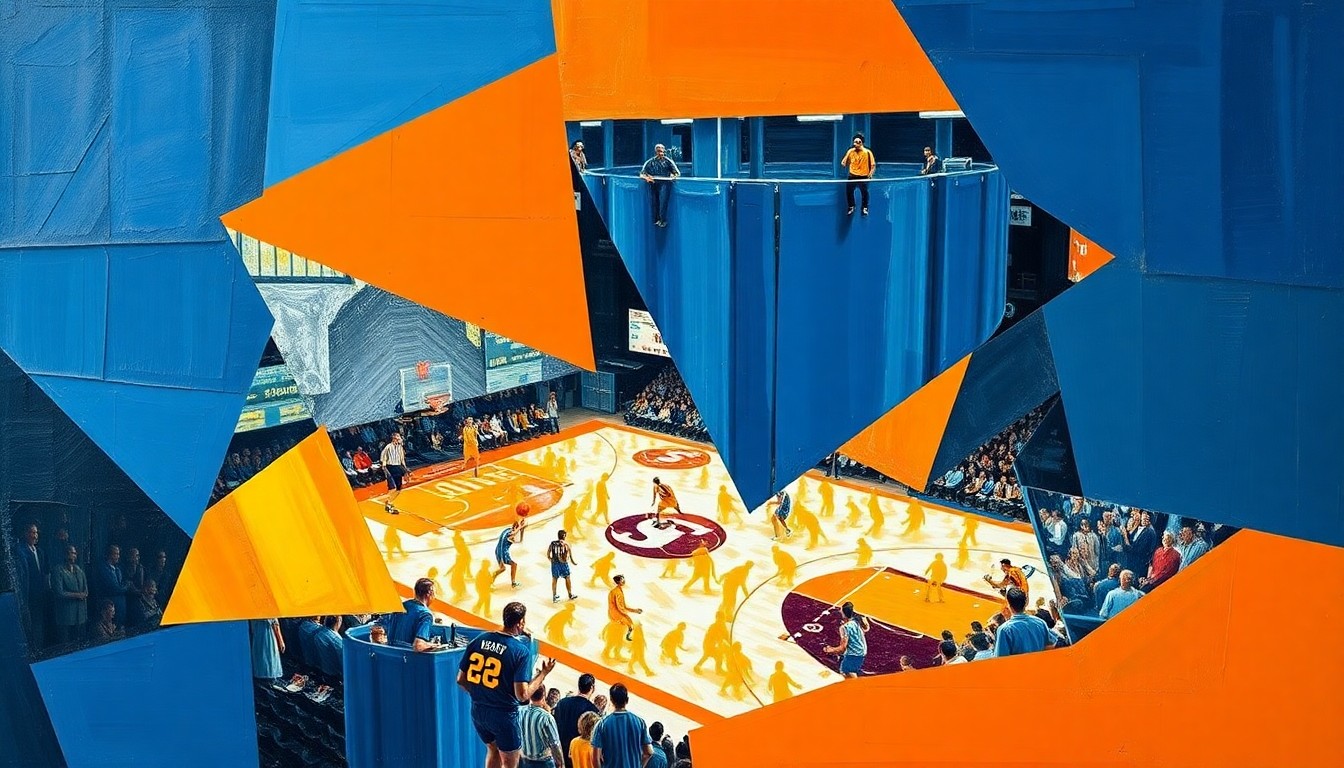 A cubist-style painting featuring overlapping geometric shapes in shades of blue, orange, and white, representing the fast-paced, high-energy action of a college basketball game.