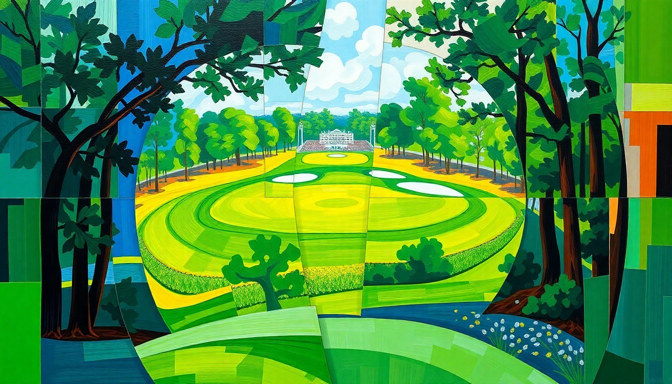 A cubist, geometric painting depicting a fractured, multi-angle view of a golf tournament, with sharp planes of vibrant green, blue, and gold representing the lush Augusta National course.