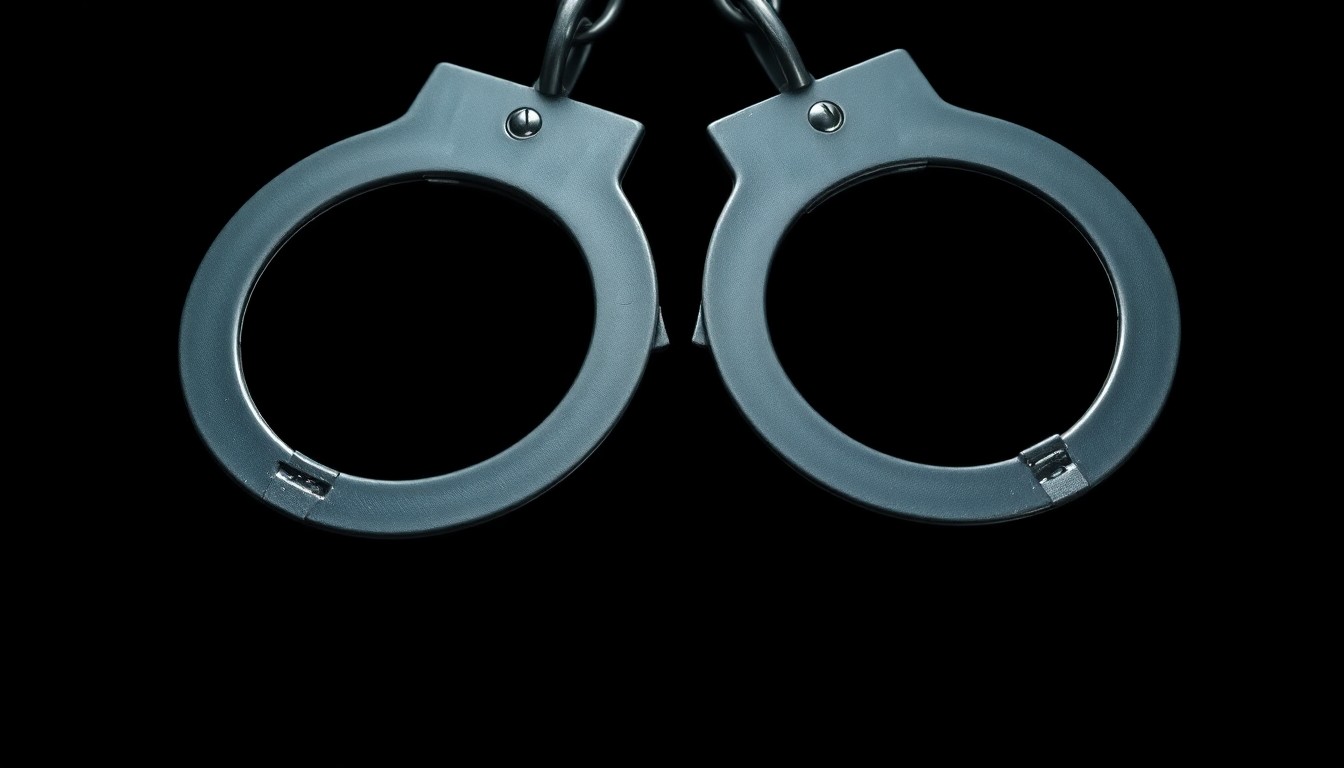 An extreme close-up photograph of a set of handcuffs against a pitch-black background, lit by a harsh, direct camera flash, conceptually representing the criminal investigation aspects of this case without depicting any violence or victims.