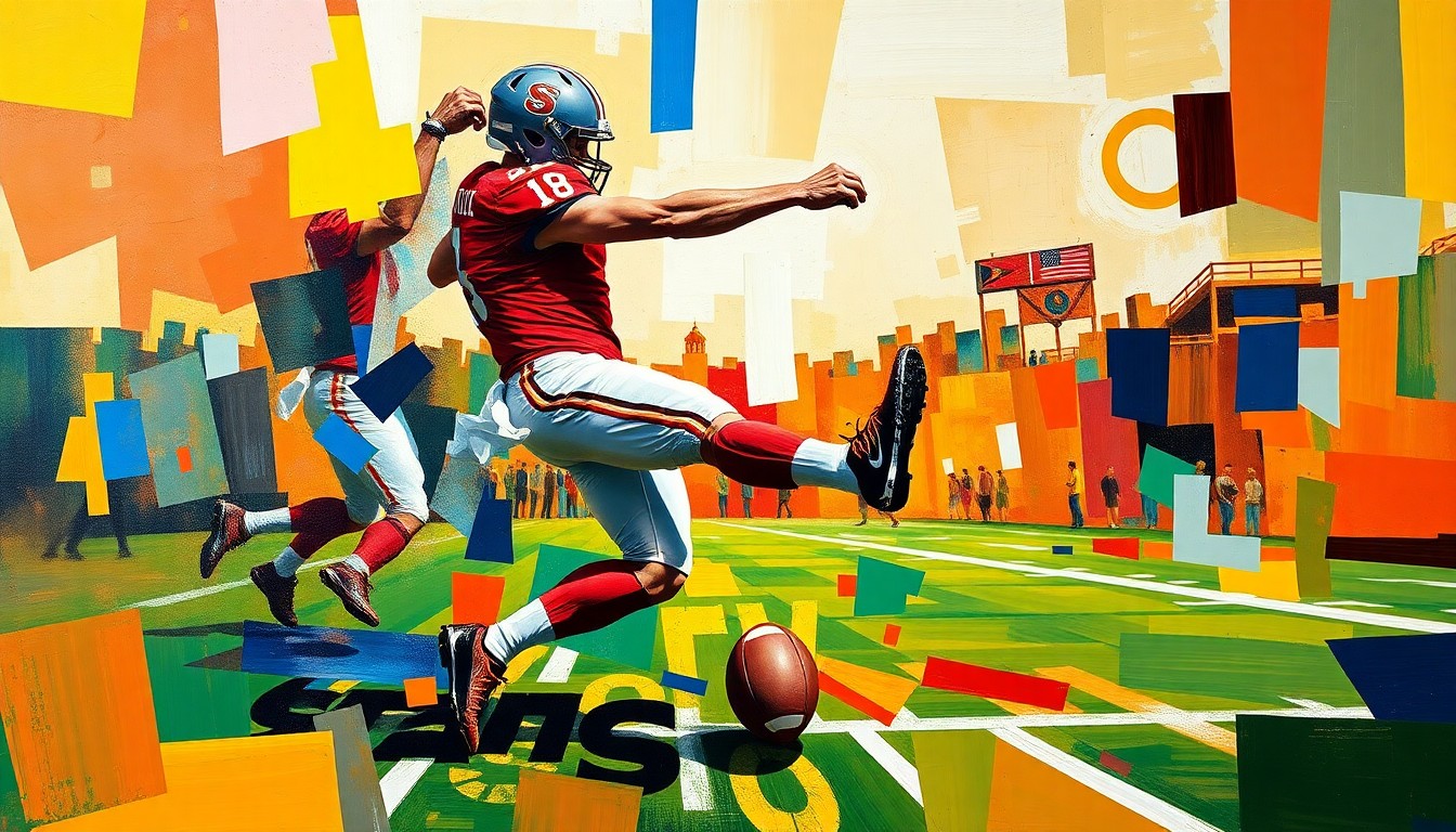 A cubist, geometric painting depicting the motion of a football kicker, with sharp planes of the Stallions' uniform colors blended into the earthy tones of the field, capturing the raw energy and movement of the sport.