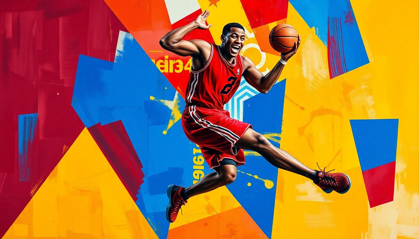 A fragmented, geometric painting depicting the movements of a basketball player, with sharp planes of crimson red, royal blue, and golden yellow creating a dynamic, abstract composition.