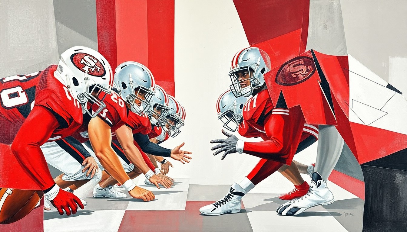 A fragmented, multi-angled painting depicting the movements and positions of an offensive line, with sharp, overlapping geometric shapes in crimson red, gray, and white.
