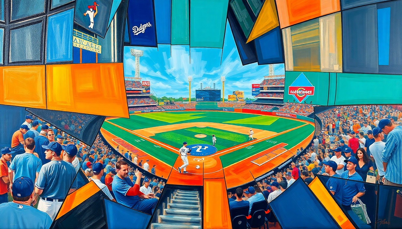A fractured, cubist-style painting depicting a baseball game or match between two players, with sharp geometric shapes and planes of vibrant colors like blue, orange, and green, conceptually representing the long-running tensions between the two players.