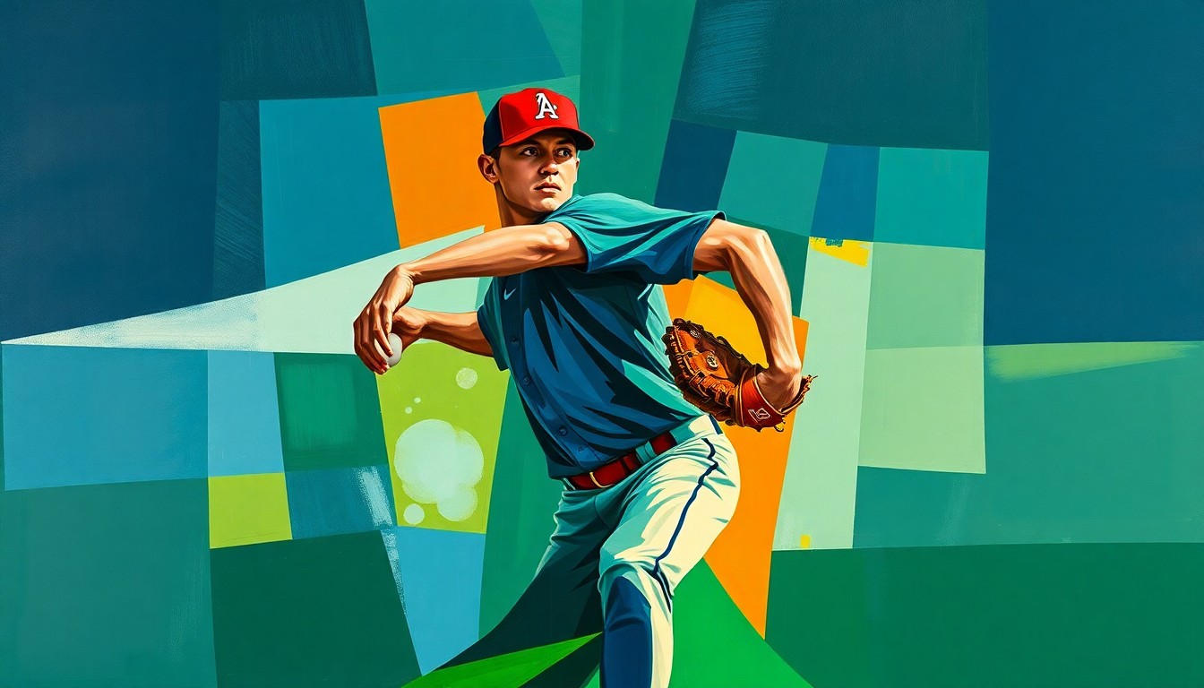 A fractured, geometric painting depicting the motion and intensity of a baseball pitcher's delivery, rendered in a vibrant color palette that evokes the emotion of a significant career milestone.