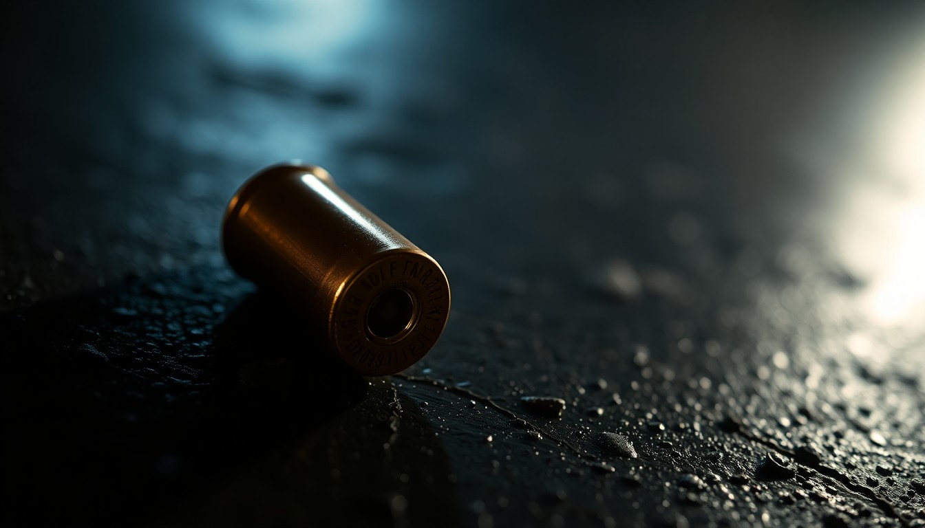 An extreme close-up photograph of a single spent bullet casing on a dark, textured surface, lit by a harsh camera flash, conceptually illustrating the aftermath of a fatal shooting incident.