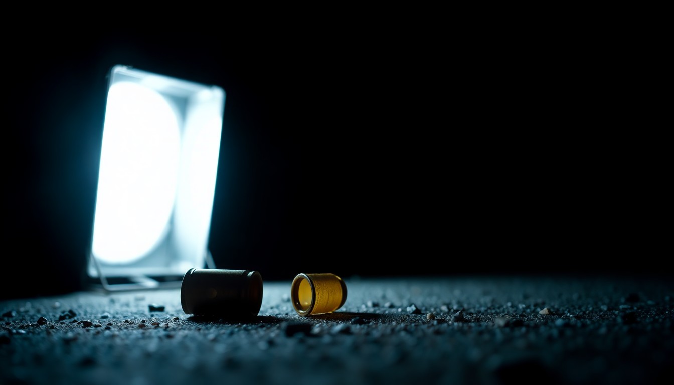 An extreme close-up photograph of a single spent shell casing on the ground, lit by a harsh, direct camera flash against a pitch-black background, conveying a stark, gritty, investigative aesthetic.