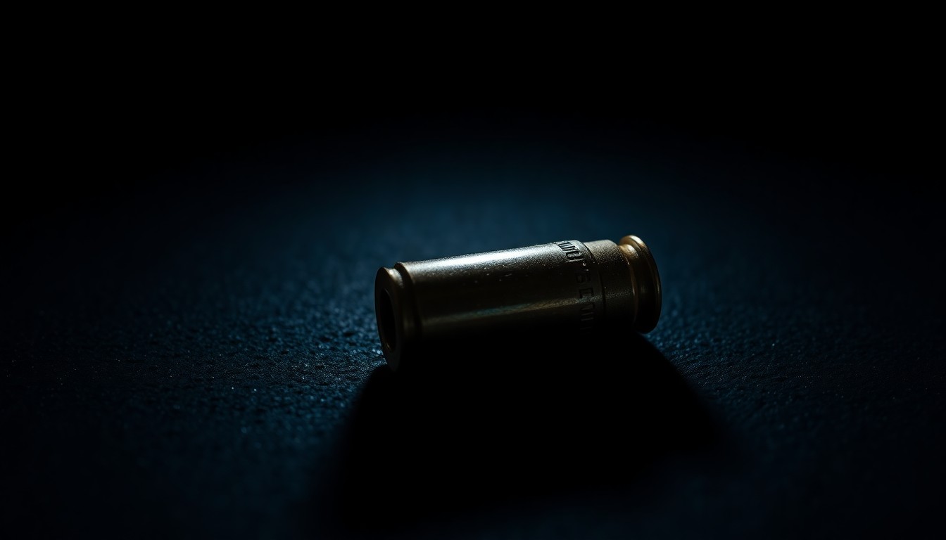 An extreme close-up photograph of a single spent bullet casing on a dark, textured surface, lit by a harsh, direct camera flash, conceptually representing the investigation into the shooting incident.