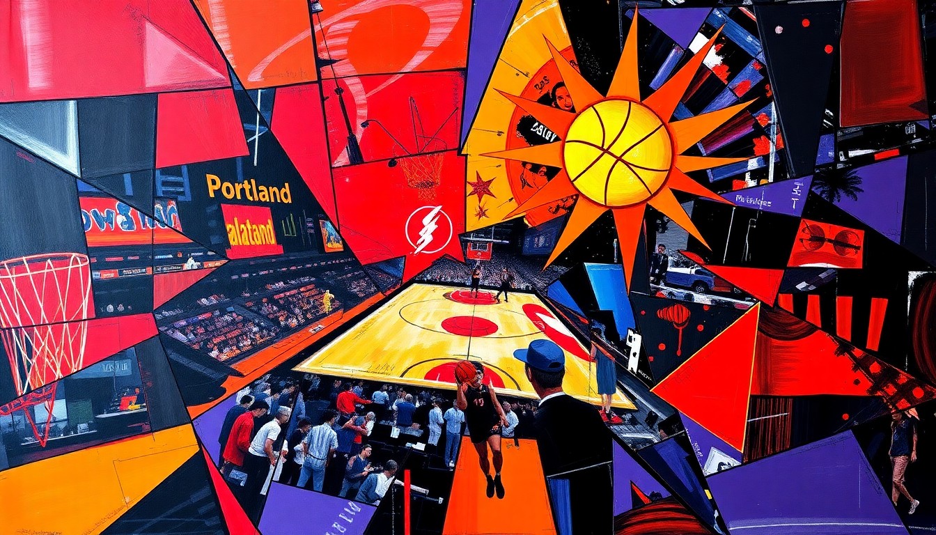 A cubist, geometric painting depicting a basketball game between the Portland Trail Blazers and Phoenix Suns, with the players and court fragmented into overlapping planes of vibrant colors.