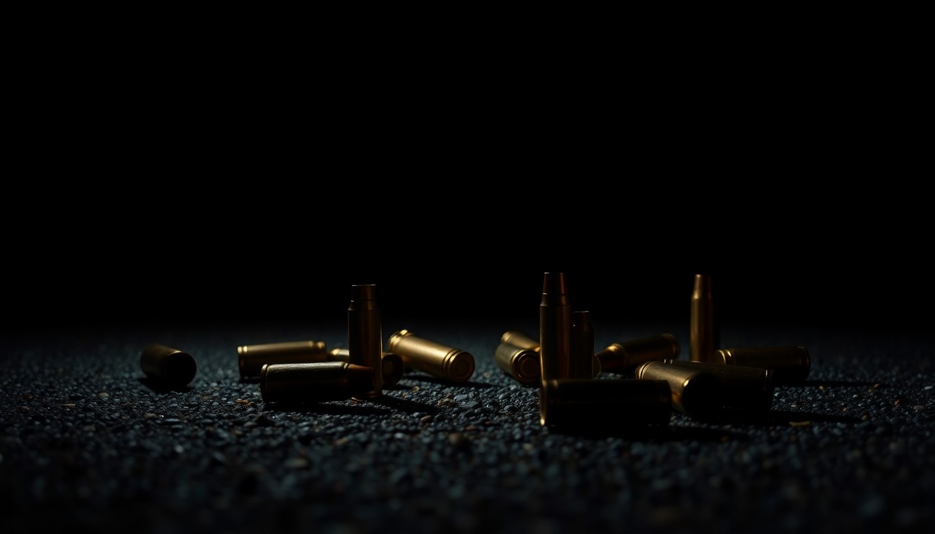 An extreme close-up of several spent shell casings on a dark pavement, conceptually illustrating the evidence of a potential shooting incident.