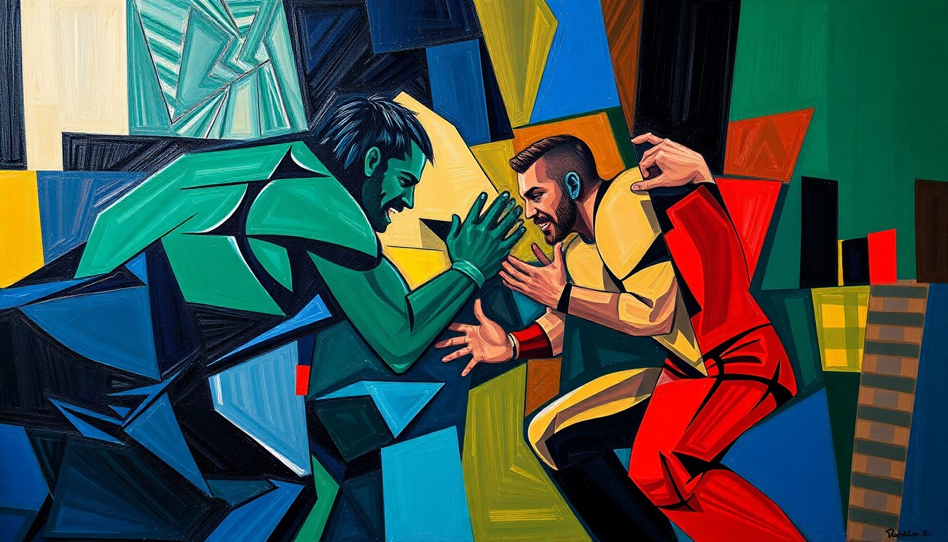 A cubist, geometric painting depicting the dynamic movements and competition of a wrestling match, with sharp, overlapping planes of color representing the sport's intensity.