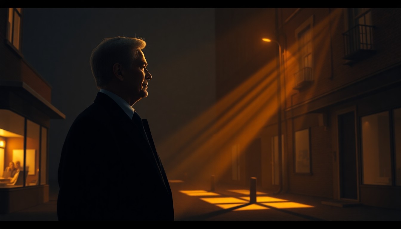 A moody, cinematic painting depicting a solitary political figure in a dimly lit urban setting, bathed in warm, diagonal sunlight and deep shadows, conveying a sense of isolation and unease.