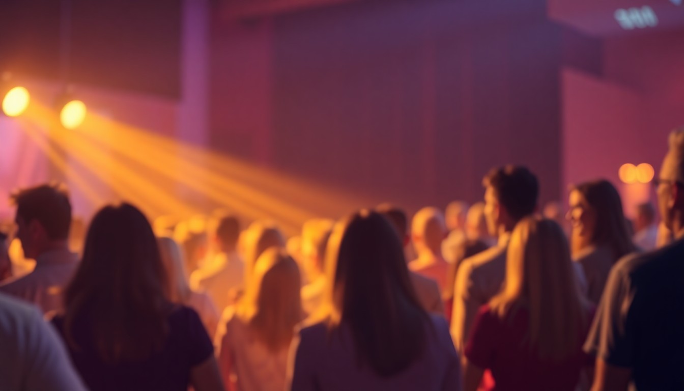 An abstract, out-of-focus image composed of warm, soft pools of light and color, suggesting a celebratory community gathering or event.