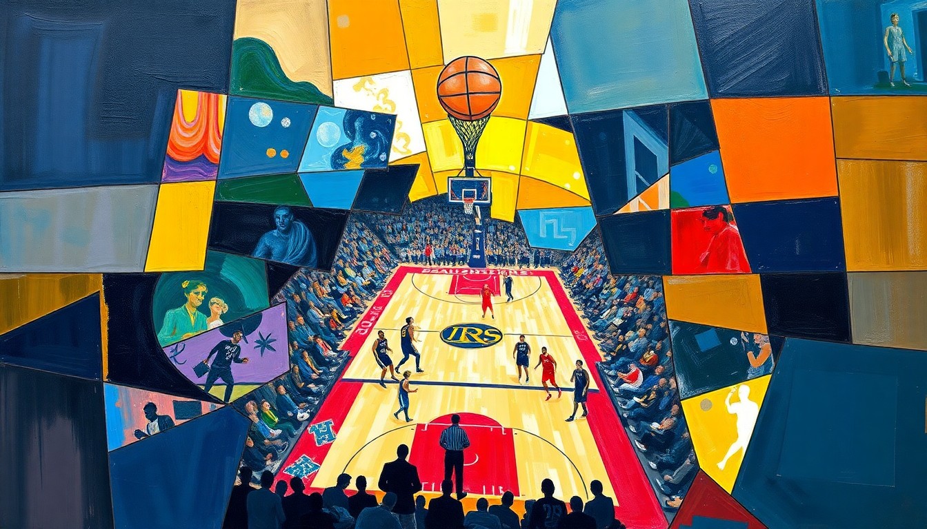 A fragmented, geometric painting depicting a basketball game between the Lakers and Rockets, with sharp, overlapping shapes and planes representing the dynamic action on the court.