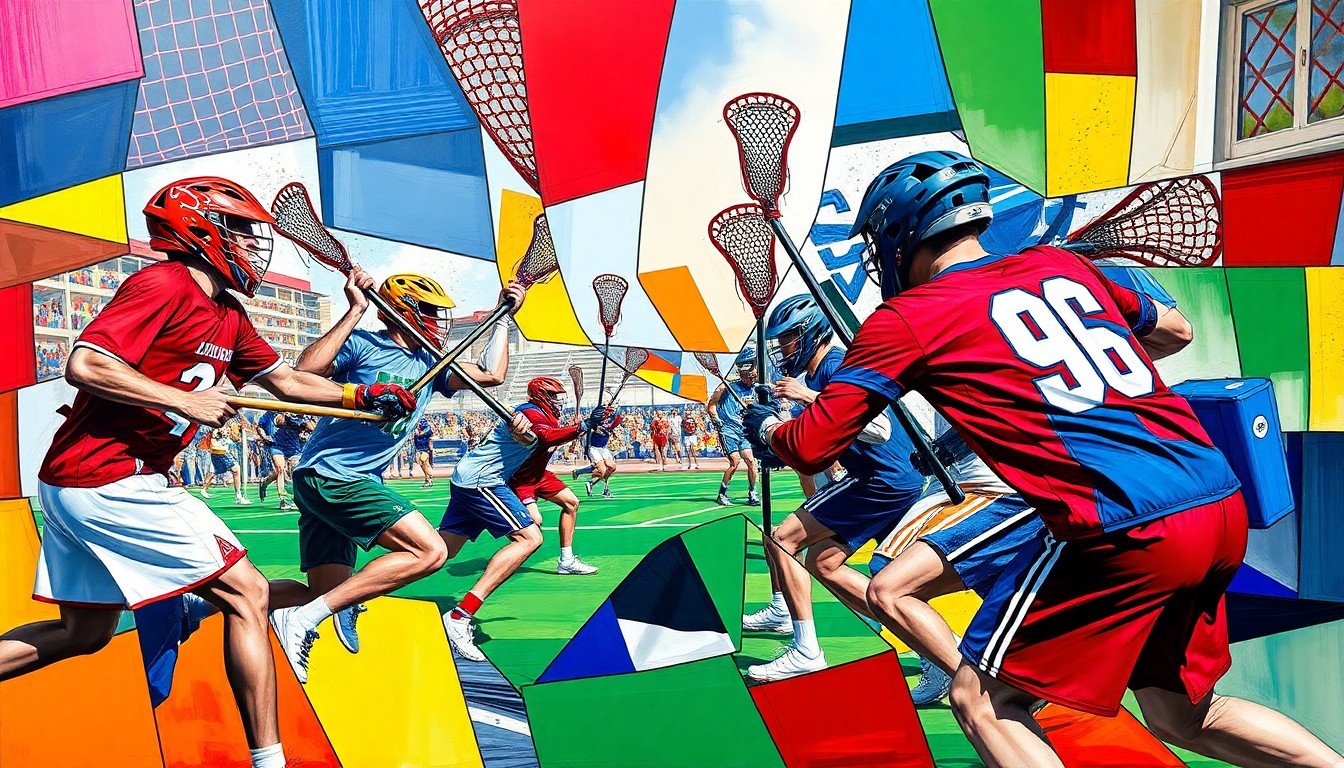 A fragmented, geometric painting depicting a college lacrosse match, with the players' movements and the ball broken down into sharp, overlapping planes of color.
