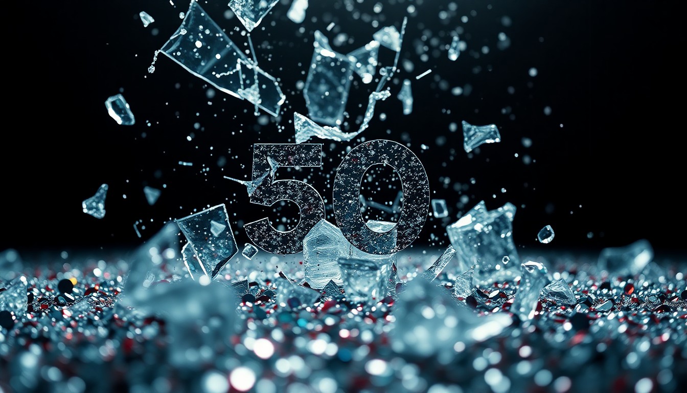An extreme close-up of shattered glass and glittering sequins in high-contrast studio lighting, conceptually representing the dramatic and glamorous nature of Survivor's 50th season.