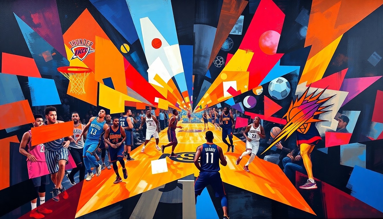 A fragmented, cubist-style painting depicting the intensity and energy of an NBA playoff game, with the bright colors and geometric shapes representing the competing teams and the high-stakes action on the court.