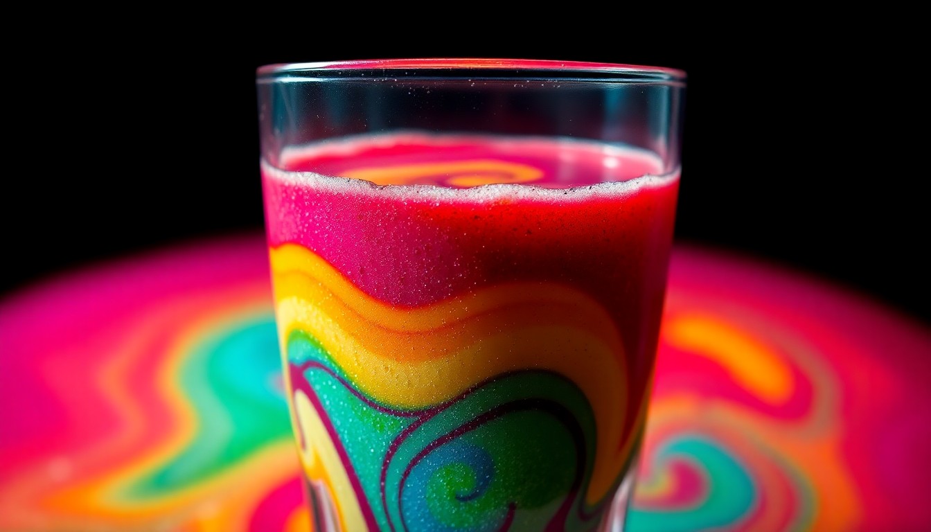 An abstract, high-contrast close-up photograph of a glass filled with a vibrant, swirling smoothie, capturing the luxurious textures and glamour of the Erewhon brand.