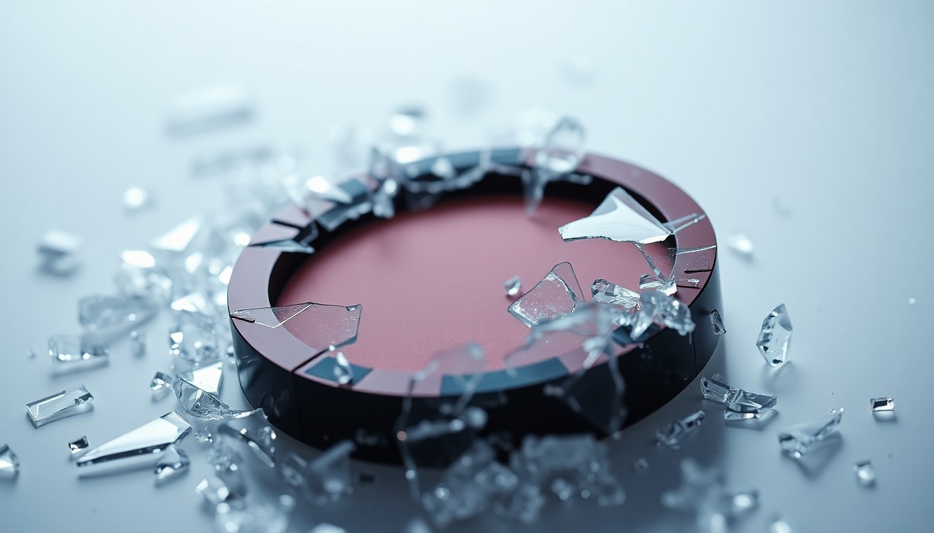 An abstract close-up image of shattered glass and cracked makeup compact, captured in dramatic, high-contrast studio lighting to evoke a sense of glamour and fragility.
