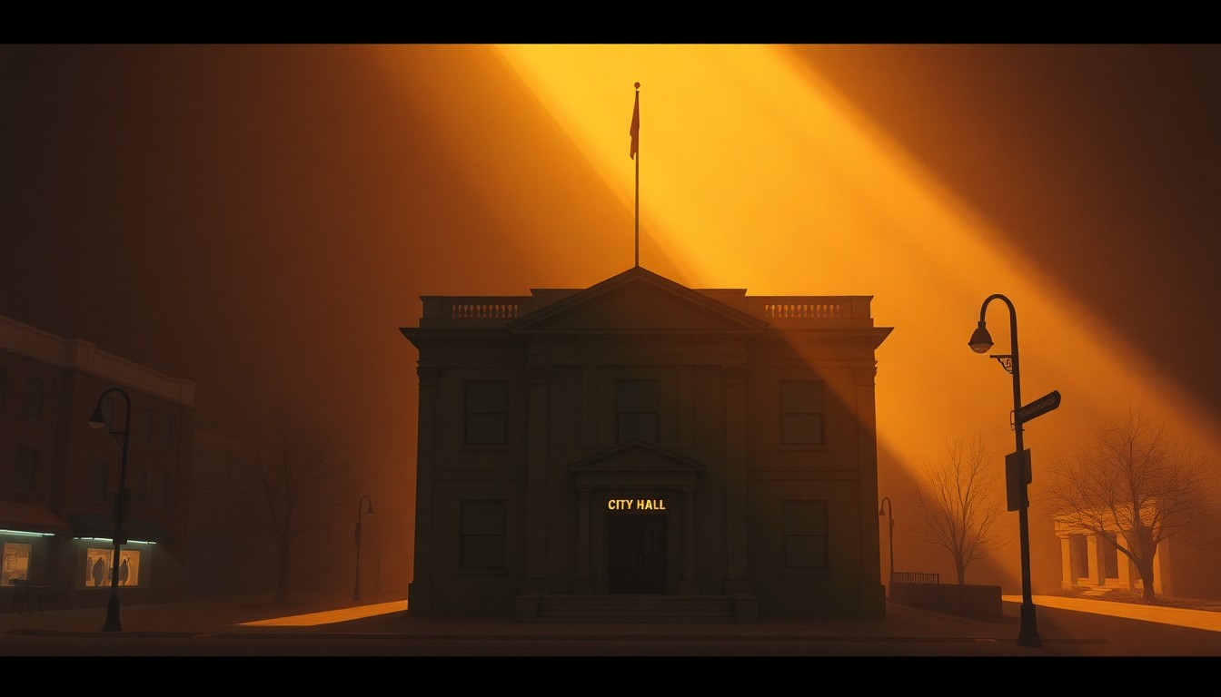 A serene, cinematic painting of a city hall building with warm lighting and deep shadows, conveying a sense of contemplation and unease about the political process.