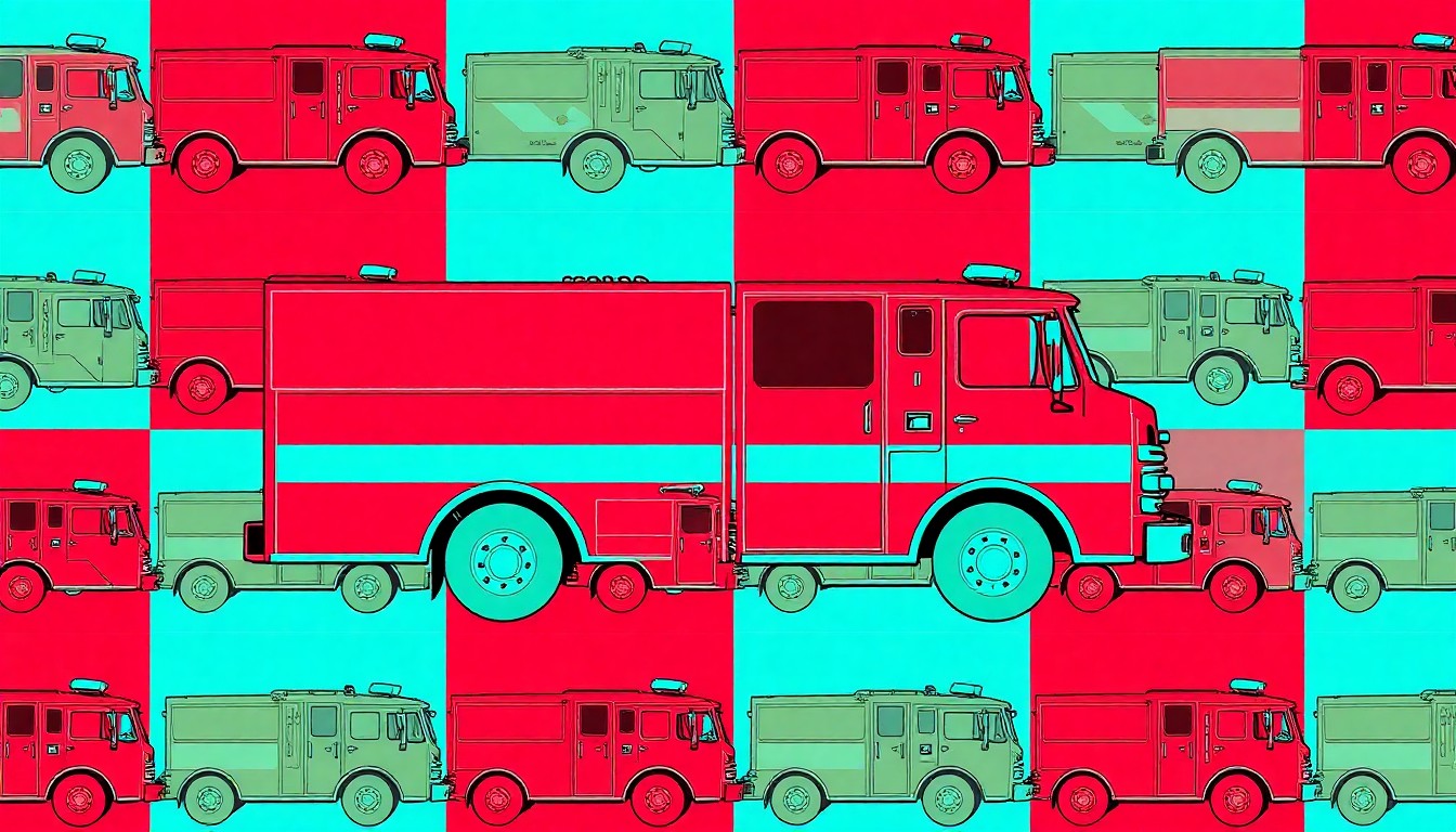 A brightly colored, high-contrast silkscreen print of a fire truck icon repeated in a tight grid pattern, using flat, vibrant neon colors and heavy black outlines to transform an everyday emergency vehicle into modern pop art.