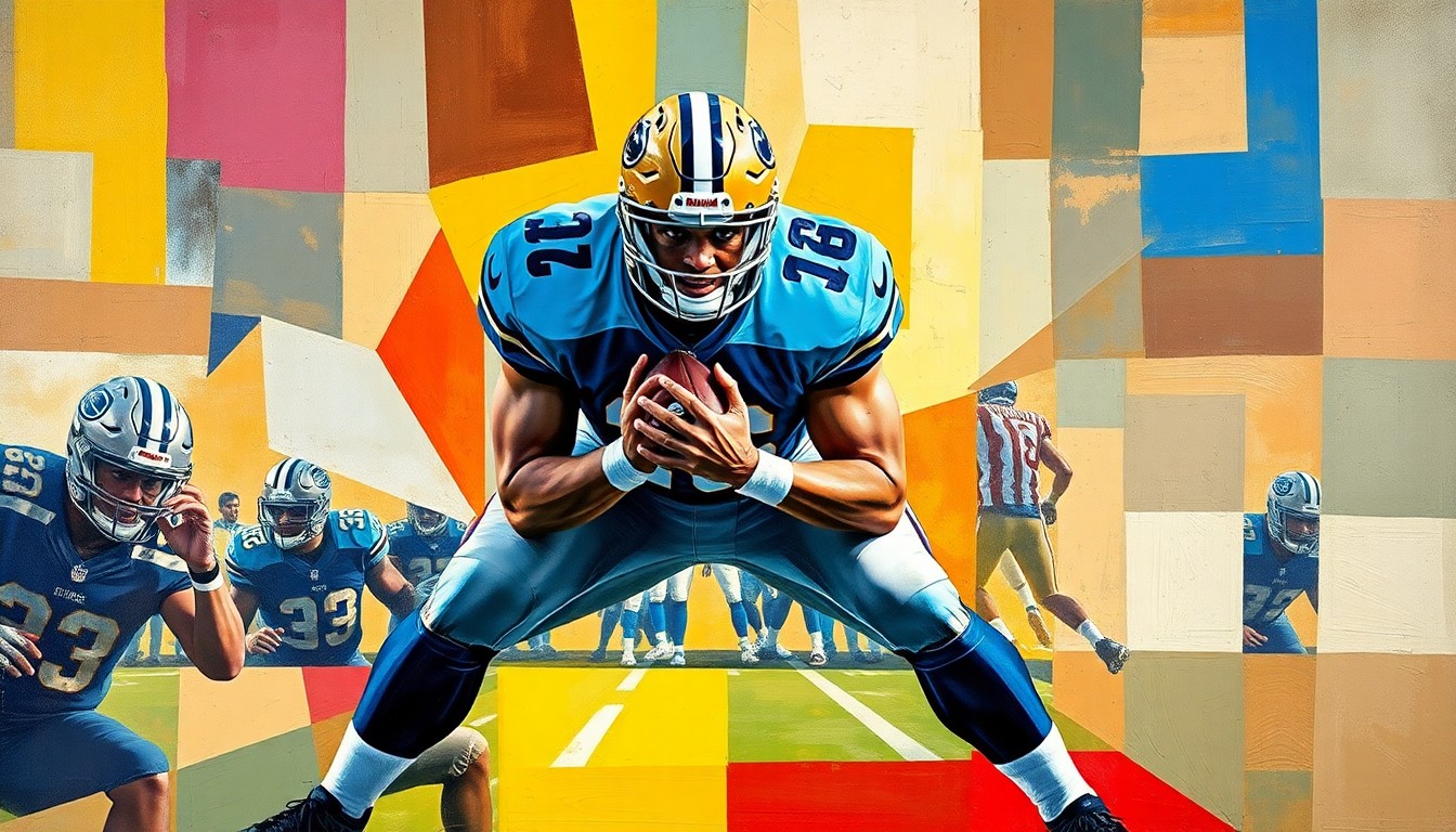 A fragmented, geometric painting depicting the movements and positioning of an offensive lineman, conveying the nuanced analysis required to assess top tackle prospects.