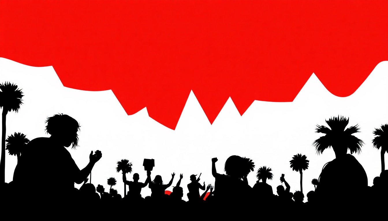 A striking abstract illustration featuring bold, geometric shapes in red, white, and black, capturing the energy and excitement of the Coachella music festival.
