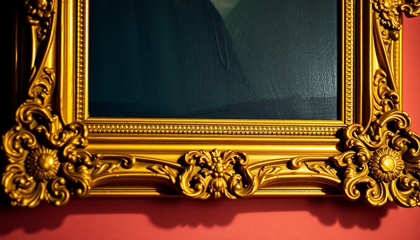 An extreme close-up photograph of an ornate, gilded picture frame, capturing the luxurious, high-contrast texture and light in a glamorous, high-fashion style.