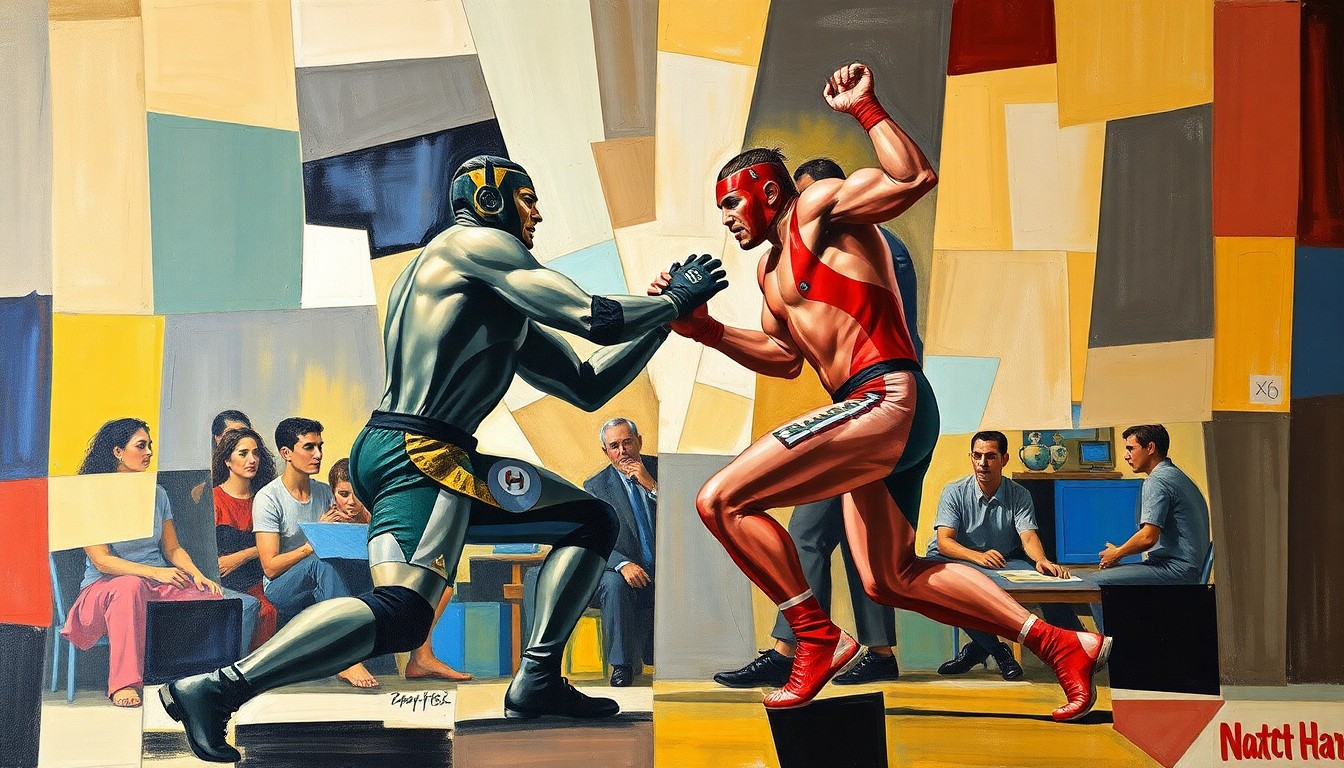 A fragmented, multi-angled painting depicting a wrestling match or competition, with the figures and arena broken down into sharp, overlapping geometric shapes and planes in a cubist style.