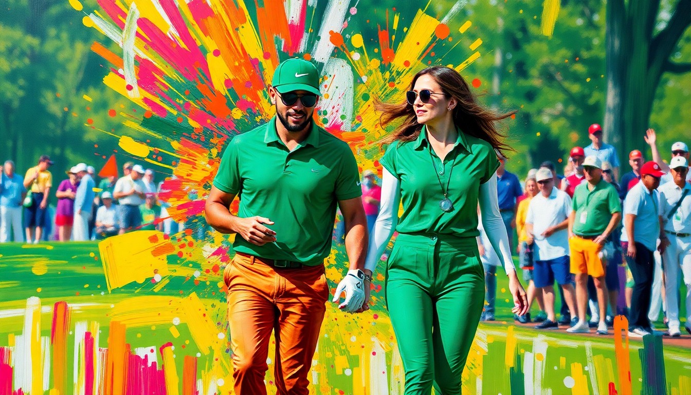 An explosive, expressionist painting in vibrant neon colors capturing the movement and energy of a couple walking together, their coordinated green outfits dissolving into unrecognizable brushstrokes.