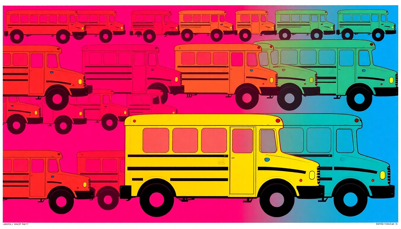A repeating grid pattern of a stylized school bus icon rendered in bright neon colors and heavy black outlines, creating a vibrant pop art composition that captures the energy and optimism around the school district's bond proposal.