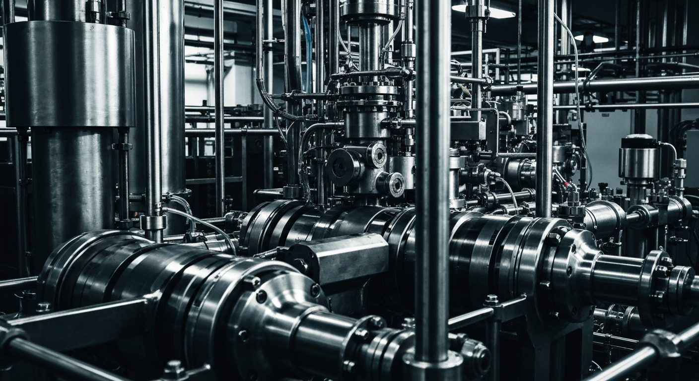 An extreme close-up of the complex machinery and equipment used in AbbVie's pharmaceutical manufacturing facilities, captured in a high-contrast, cinematic style that emphasizes the industrial power and technological sophistication of the company's operations.